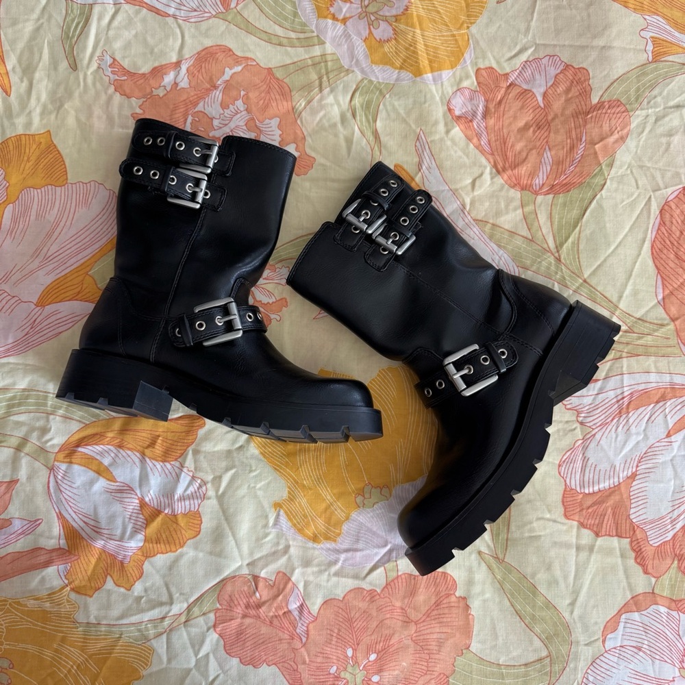 Zara Black Combat Moto Boots with Buckle Details